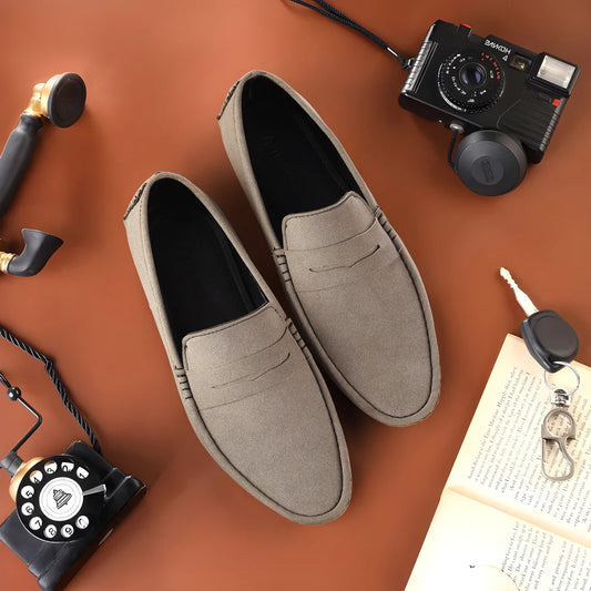 Handmade Suede Leather Grey Driving Shoes - 35008