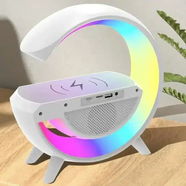 Multifunctional G-Shaped LED Clock Speaker – Wireless Charger, Bluetooth Speaker, Night Light & Alarm Clock (BT-3401)