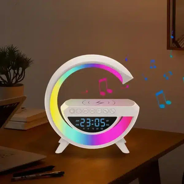 Multifunctional G-Shaped LED Clock Speaker – Wireless Charger, Bluetooth Speaker, Night Light & Alarm Clock (BT-3401)