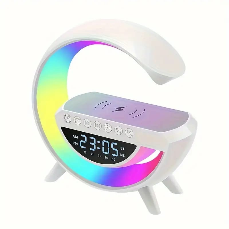 Multifunctional G-Shaped LED Clock Speaker – Wireless Charger, Bluetooth Speaker, Night Light & Alarm Clock (BT-3401)