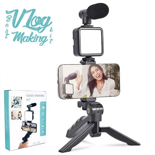 AY-49 Vlogger Video Kit – Microphone, LED Fill Light, Mini Tripod & Mobile Holder for YouTube & TikTok