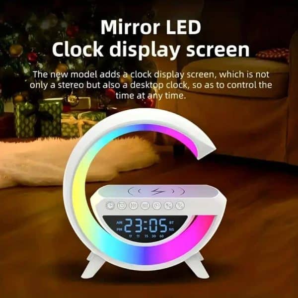 Multifunctional G-Shaped LED Clock Speaker – Wireless Charger, Bluetooth Speaker, Night Light & Alarm Clock (BT-3401)