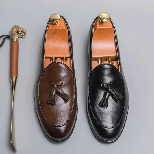 Men Slip-On Round Toe Solid Tassel Leather Shoes - 11006 CBA