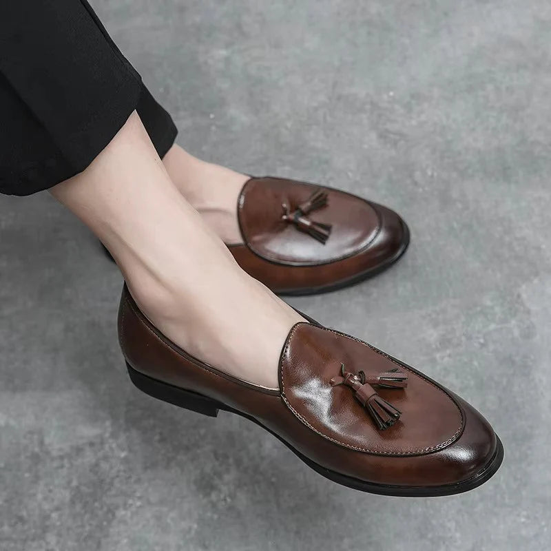 Men Slip-On Round Toe Solid Tassel Leather Shoes - 11006 CBA