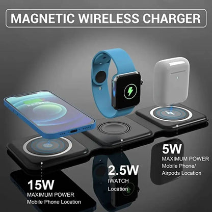 3 in 1 Magnetic Wireless Charger – 15W Fast Charging Foldable Station for iPhone, AirPods & Apple Watch
