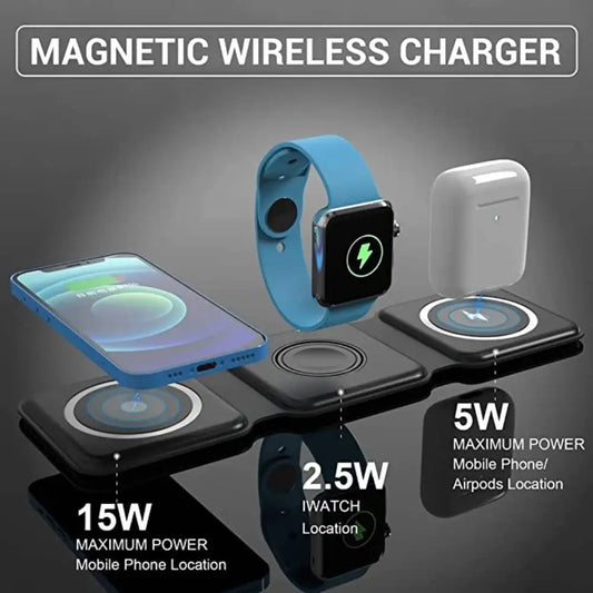 3 in 1 Magnetic Wireless Charger – 15W Fast Charging Foldable Station for iPhone, AirPods & Apple Watch